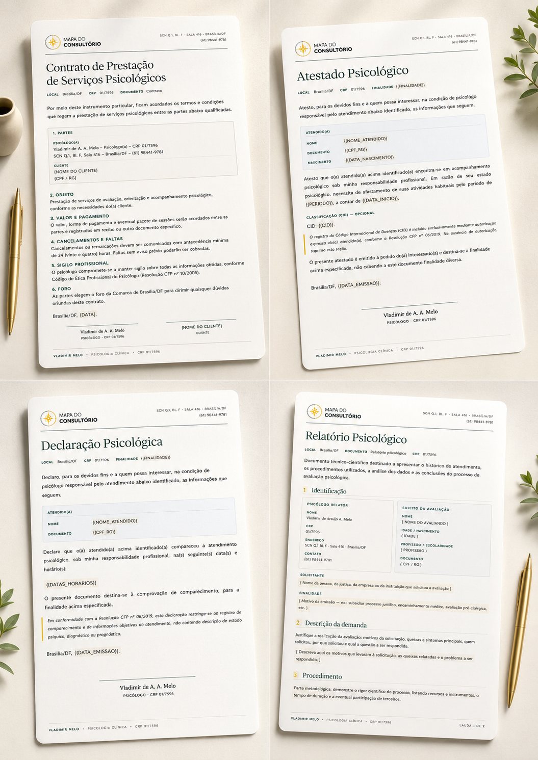 Prints dos 4 modelos de documento: contrato, atestado, declaração e relatório